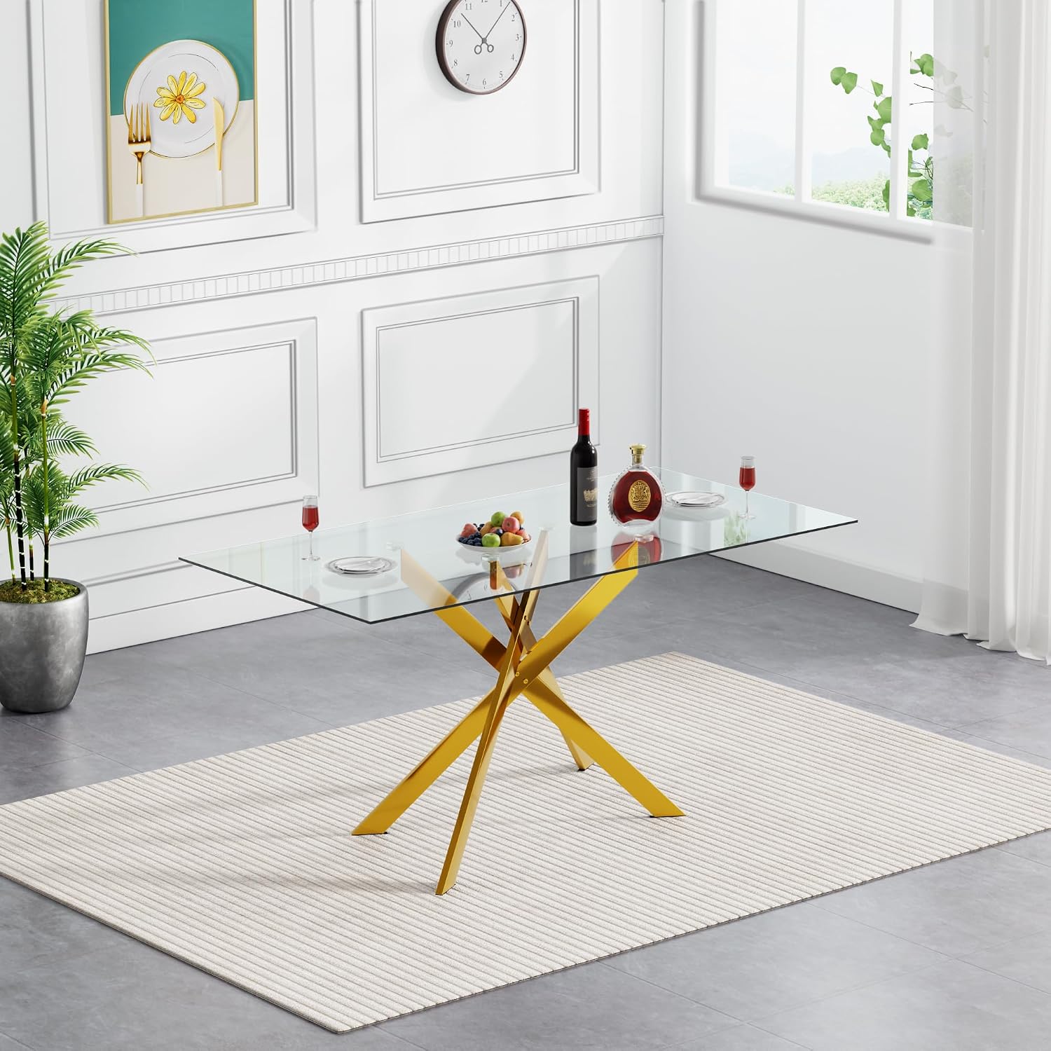 51.2' Glass Dining Table, Modern Kitchen Table for 4-6 People, Contemporary Rectangular Dining Room Dinner Tables with Clear Glass Top & Gold Metal X Legs for Kitchen Apartment