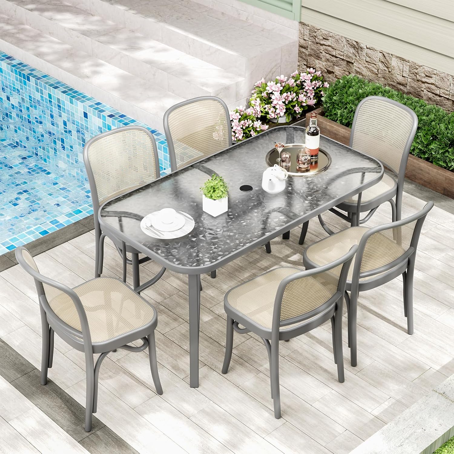 TLSUNNY Patio Outdoor Table W/ 1.69″ Umbrella Hole, 30'X 55' Rectangular Tempered Glass Patio Dining Table for 6, Outdoor Metal Furniture, All-Weather Use, for Patio, Graden, Backyard (Grey)