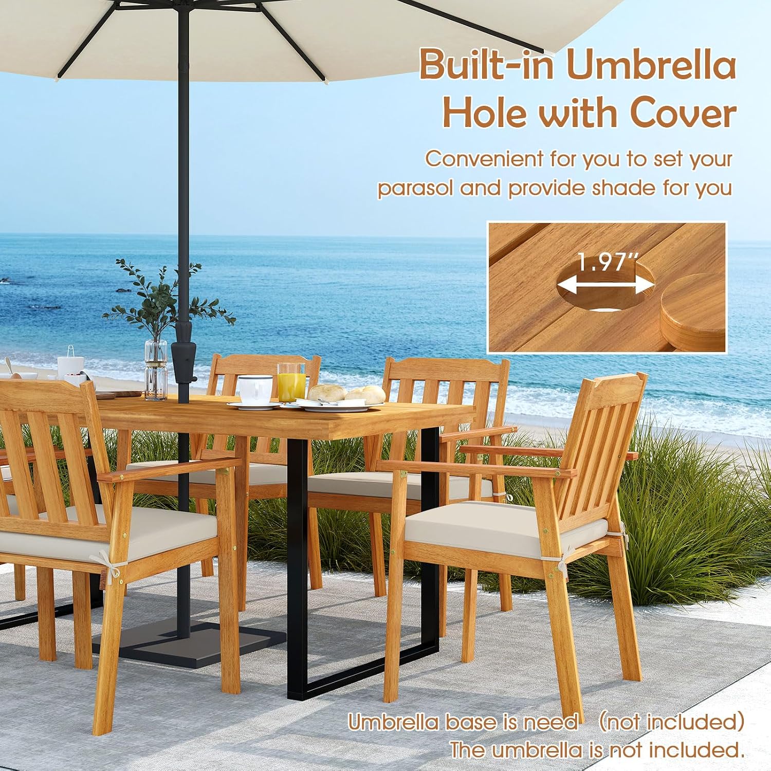 HAPPYGRILL Acacia Wood Patio Dining Table with Umbrella Hole (1.97'), Outdoor Wooden Table for 4-6 People, for Backyard Deck Porch