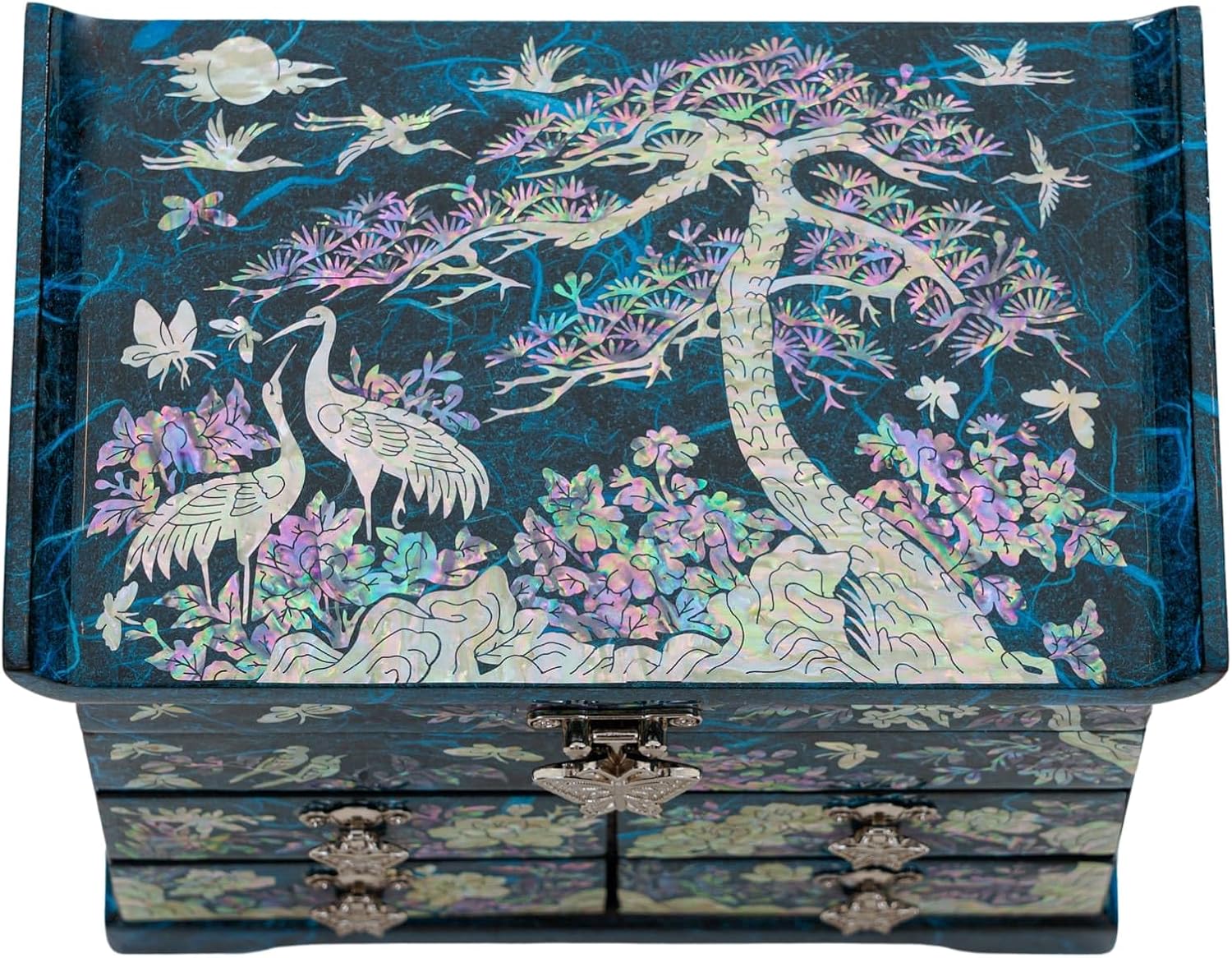 February Mountain Elegant Mother of Pearl Jewelry Box – Handcrafted Wooden Chest with Intricate Butterfly and Crane Designs, 4 Drawer Storage, and Red Velvet Interior – Ideal Gift for Women