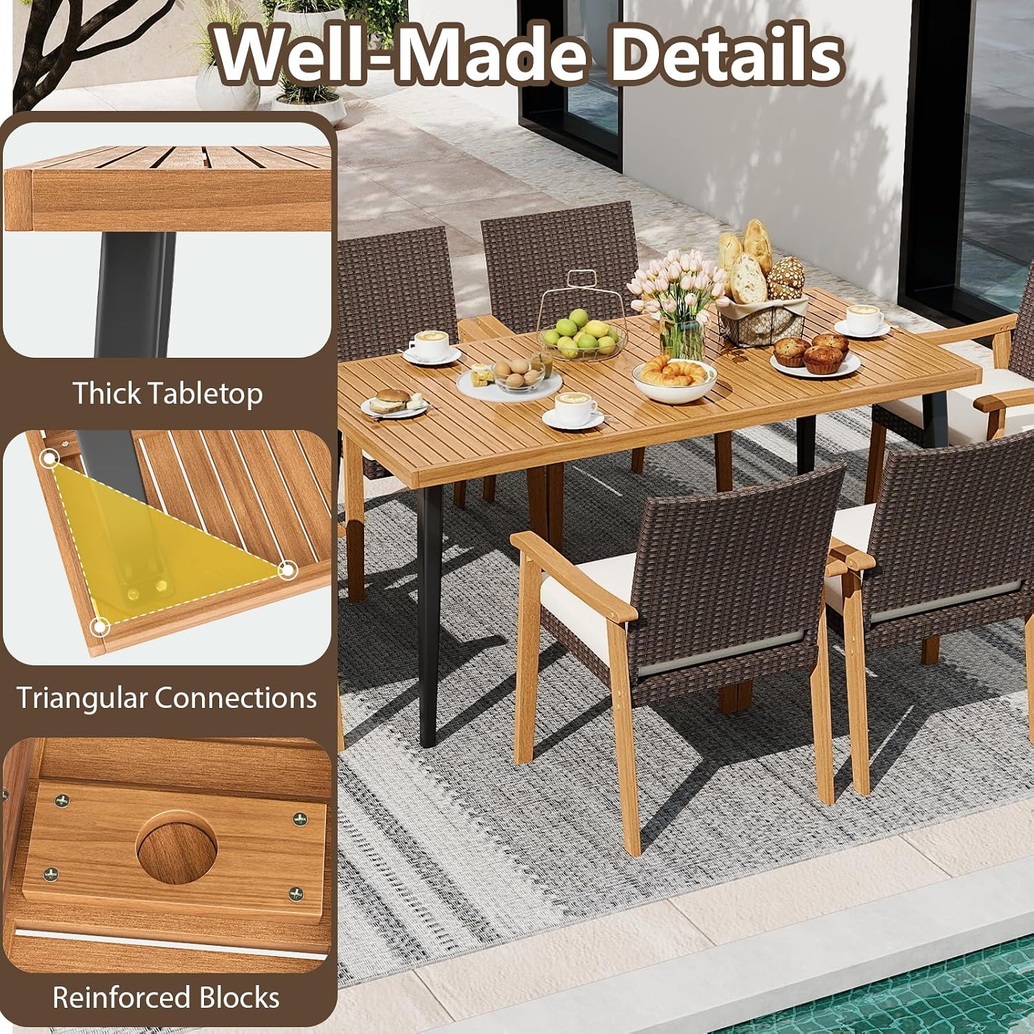 HAPPYGRILL Acacia Wood Outdoor Dining Table 63', 4-6 Person Rectangular Patio Table with Umbrella Hole and Solid Metal Frame, for Garden, Poolside, Backyard and Deck