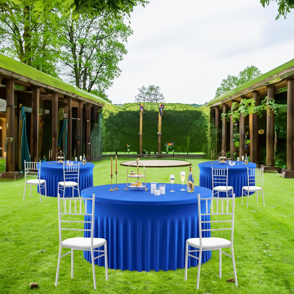 Outpain 12 Pack Spandex Royal Blue Round Tablecloths for 60in Tables, 120Inch Stretchy Fitted 5FT Round Table Clothes,Wrinkle Free Table Cover with Skirt for Wedding Party Dining Banquet