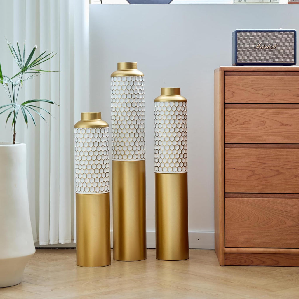 Floor Metal Vase Modern Style Decoration Home, Metal Vase 3-Piece Set for Living Room, Entryway & Office Decor, Rustproof Tall Standing Home Décor (Gold+White Hexagon)