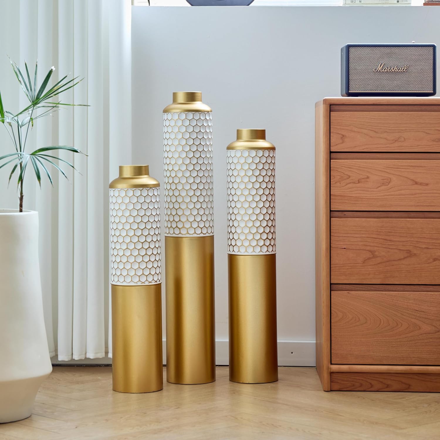 Floor Metal Vase Modern Style Decoration Home, Metal Vase 3-Piece Set for Living Room, Entryway & Office Decor, Rustproof Tall Standing Home Décor (Gold+White Hexagon)