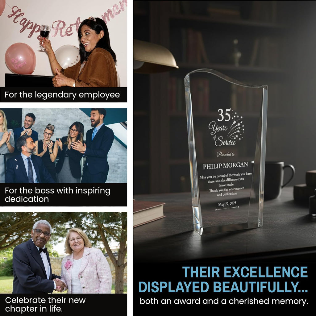 Personalized Acrylic Retirement Gifts For Men and Women, Laser Engraved Custom Trophy for Service Recognition, Years Of Service Retirement Trophy Award for Boss, Employee, Teacher (Crystal Facet Wave)