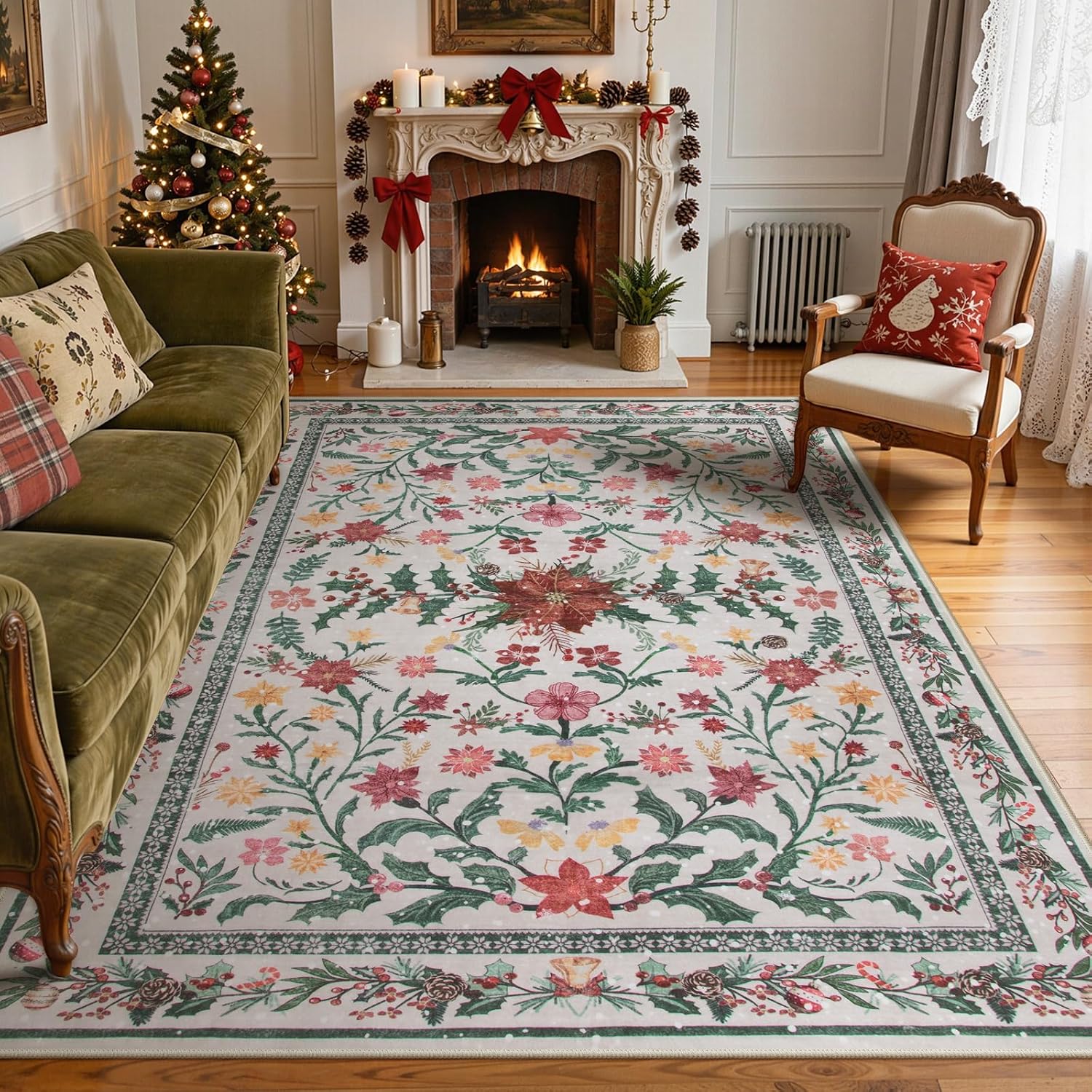 Lahome Christmas Rugs 8x10 Living Room Decor, Washable Area Rugs for Dining Room Stain Resistant, Large Thin Carpets Under Bed Couch Cottagecore Holiday Decor