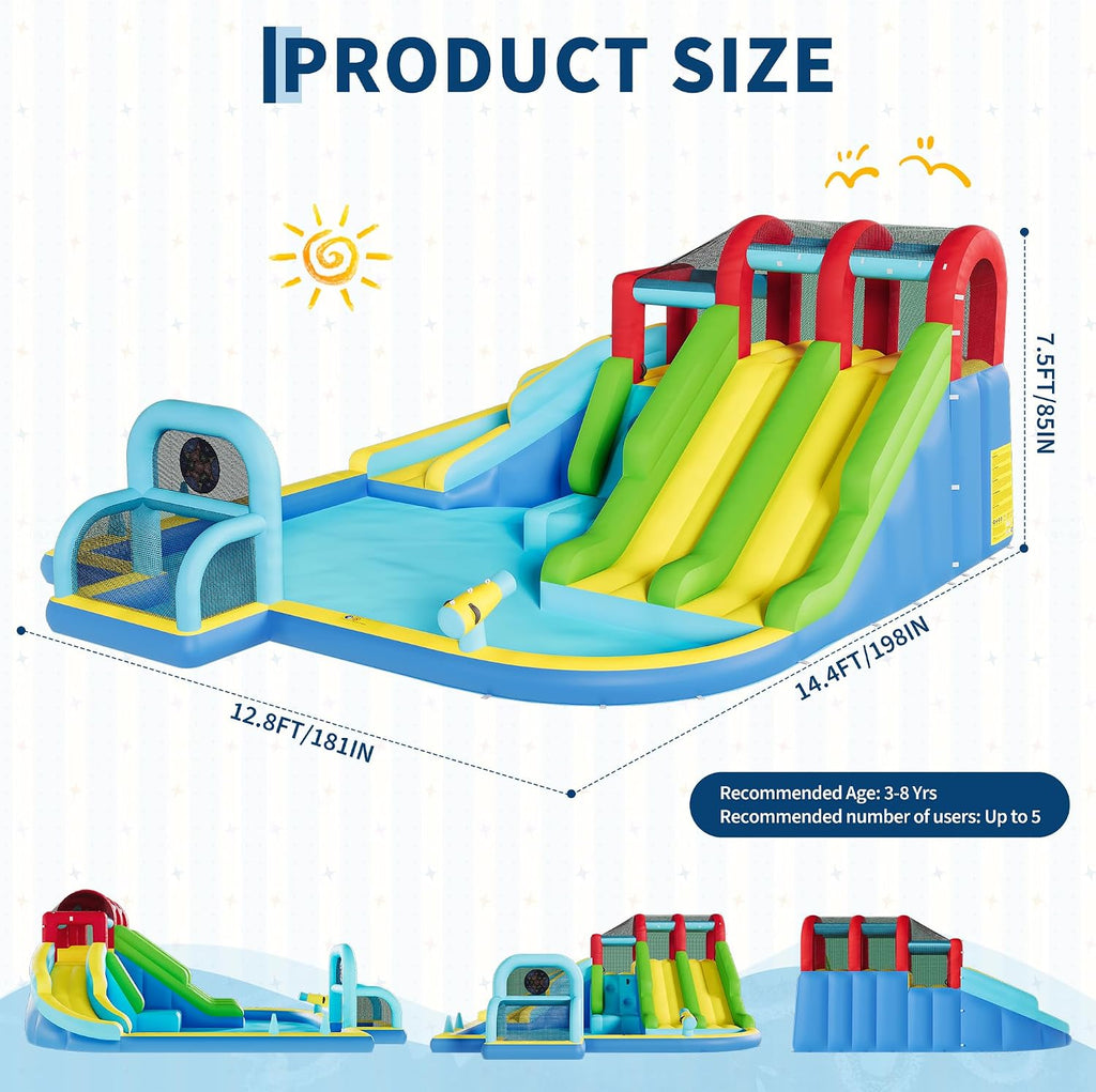 Garvee Inflatable Bounce House, 3 Water Slide Bounce House, Premium Oxford Fabric Bouncy Castle with Blower for Kids, Indoor Outdoor Play Center for Backyard Party & Family Fun