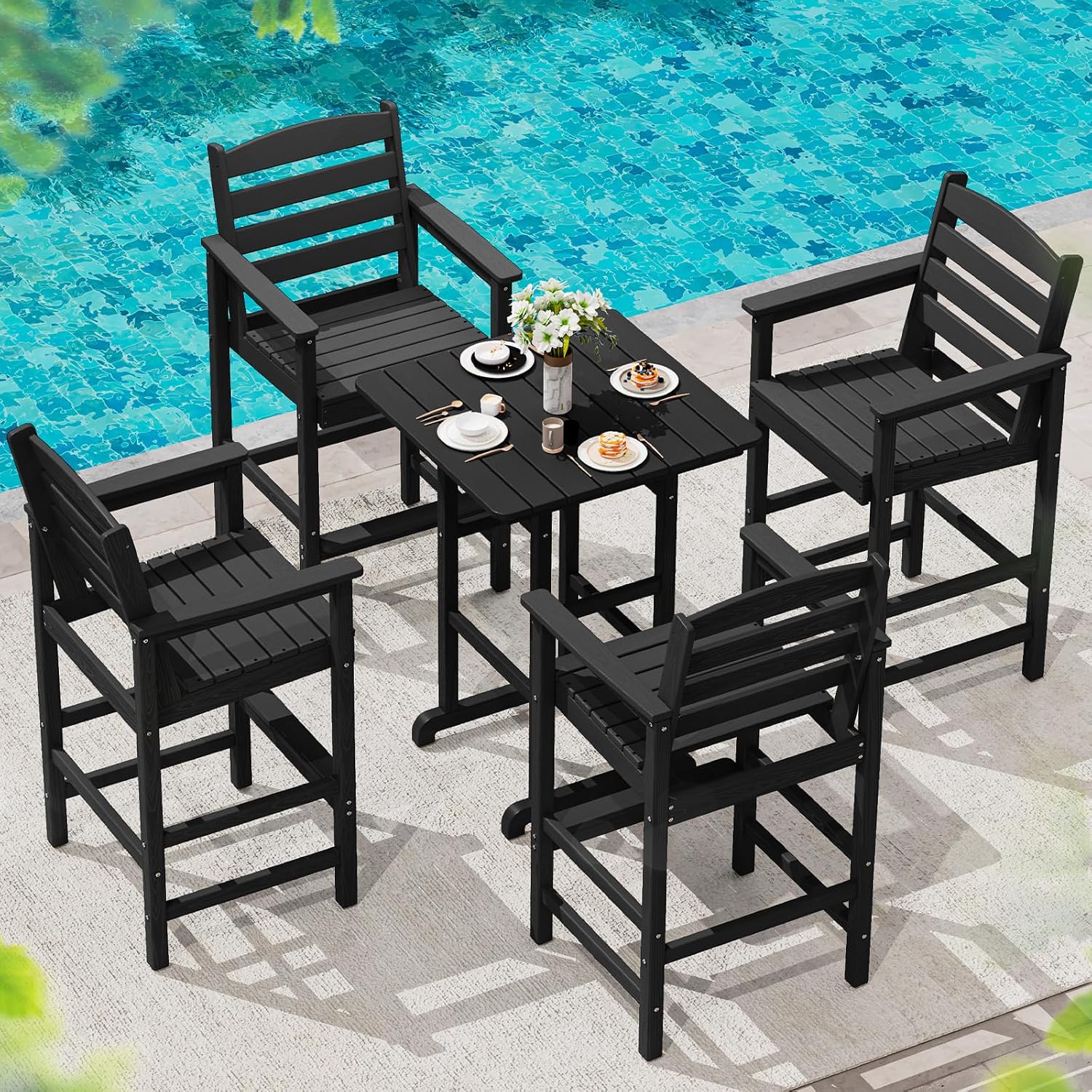 SERWALL 5 Pieces Outdoor Patio Bar Set, Oversize Tall Adirondack Bar Chair and Table Set, Black