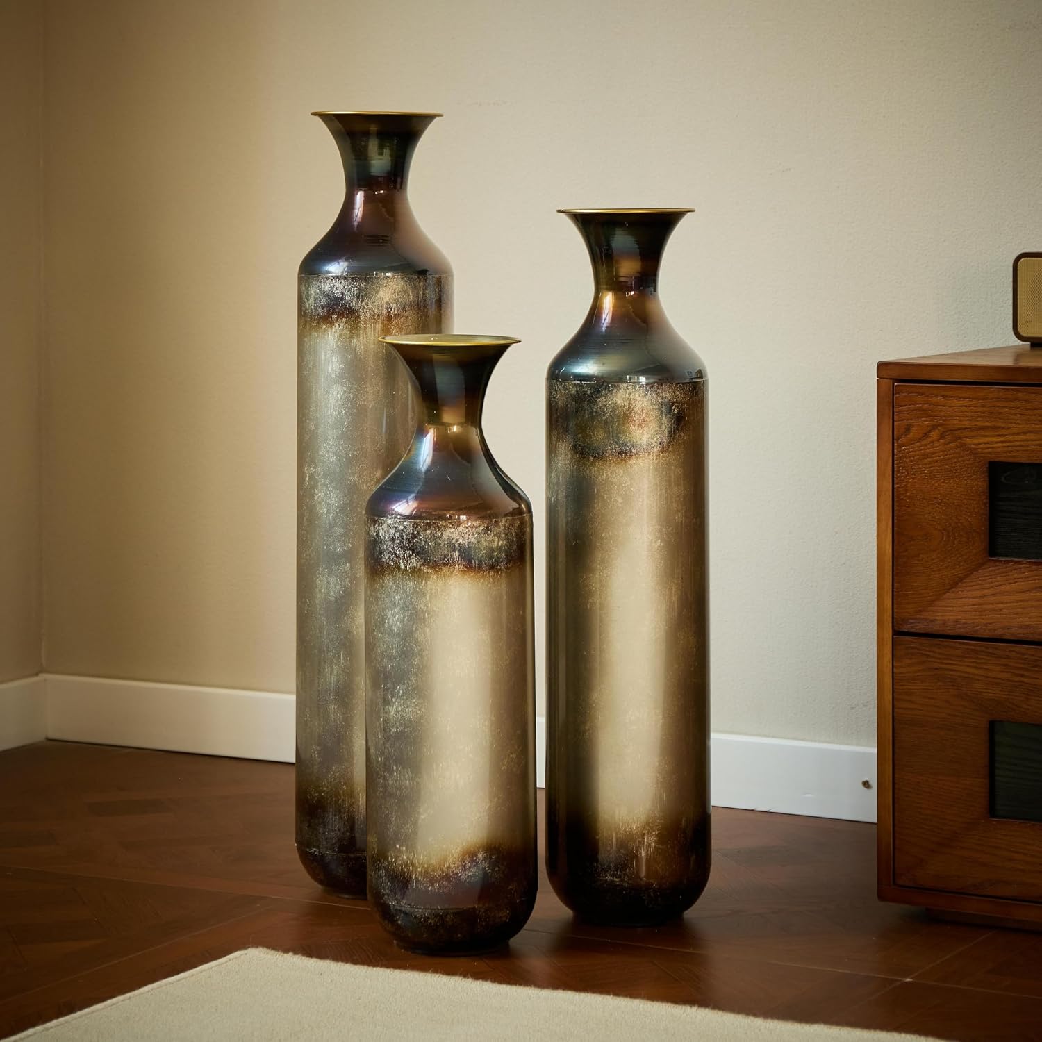 Tall Floor Vases Set of 3 - Modern White & Gold Metal Vases for Home Decor, Large Decorative Vase for Living Room, Entryway, Wedding & Centerpiece Display