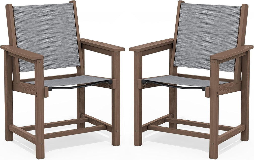 SERWALL Outdoor Dining Chairs Set of 2, All-Weather HDPE Textilene Sling Dining Chair for Backyard, Garden, Brown