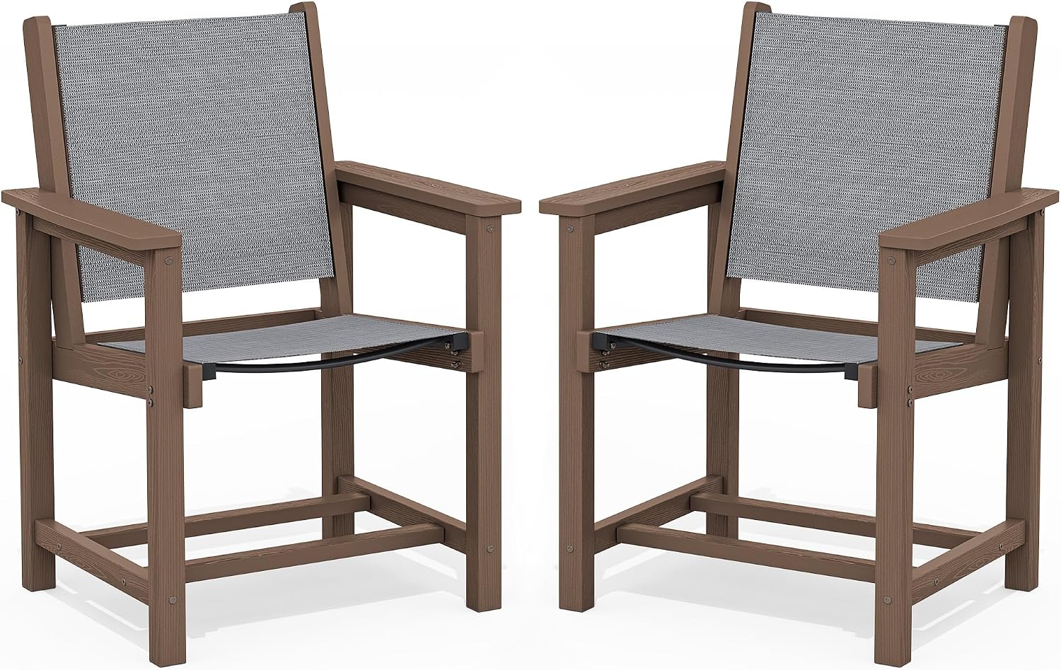 SERWALL Outdoor Dining Chairs Set of 2, All-Weather HDPE Textilene Sling Dining Chair for Backyard, Garden, Brown