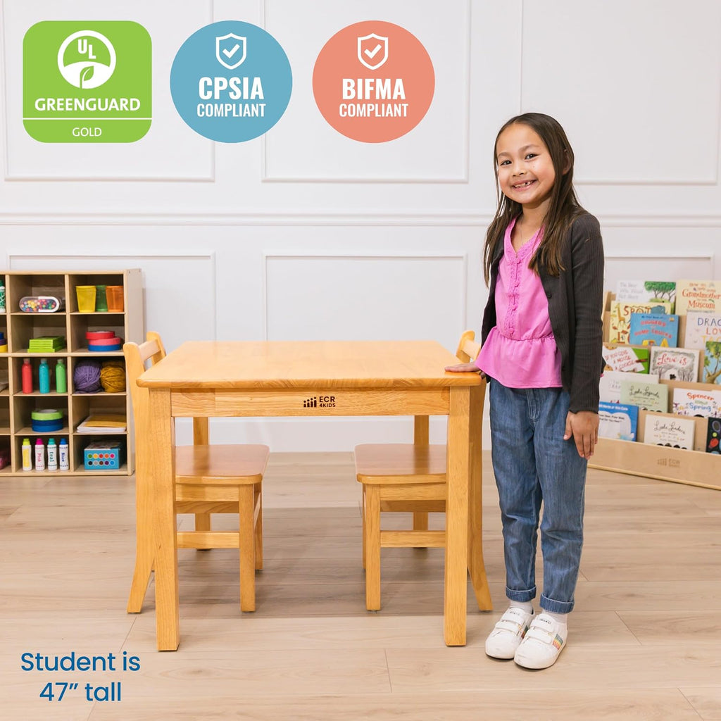ECR4Kids 30in D Square Hardwood Table with 24in Legs and Two 14in Chairs, Kids Furniture, Honey, 3-Piece
