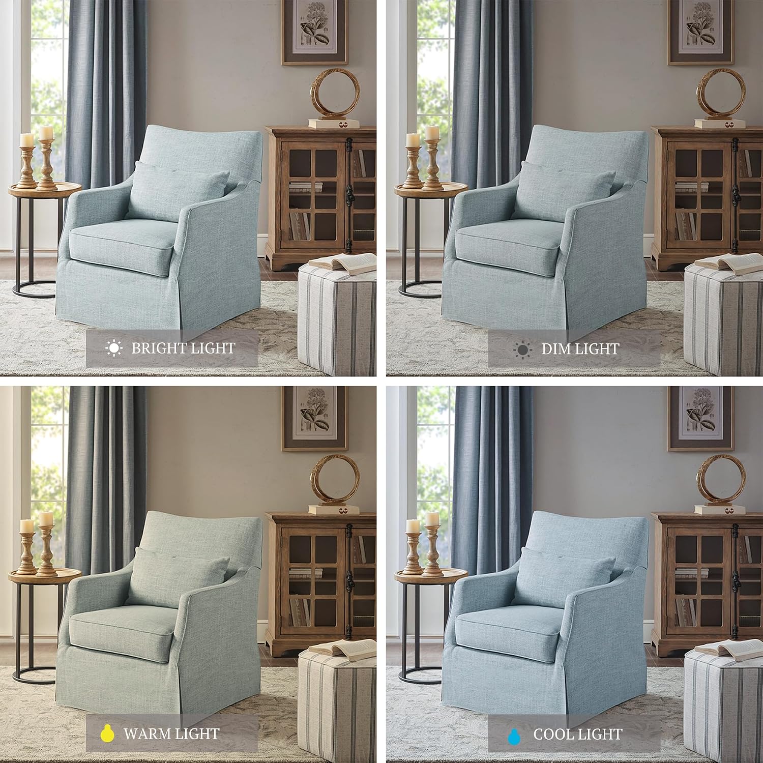 Martha Stewart London Swivel Chair - Solid Wood & Plywood, Skirted Metal Base Accent Armchair, Lumbar Pillow -Modern Classic Family Room Sofa Furniture Bedroom Lounge, 28'X31.5'X35.25', Light Blue