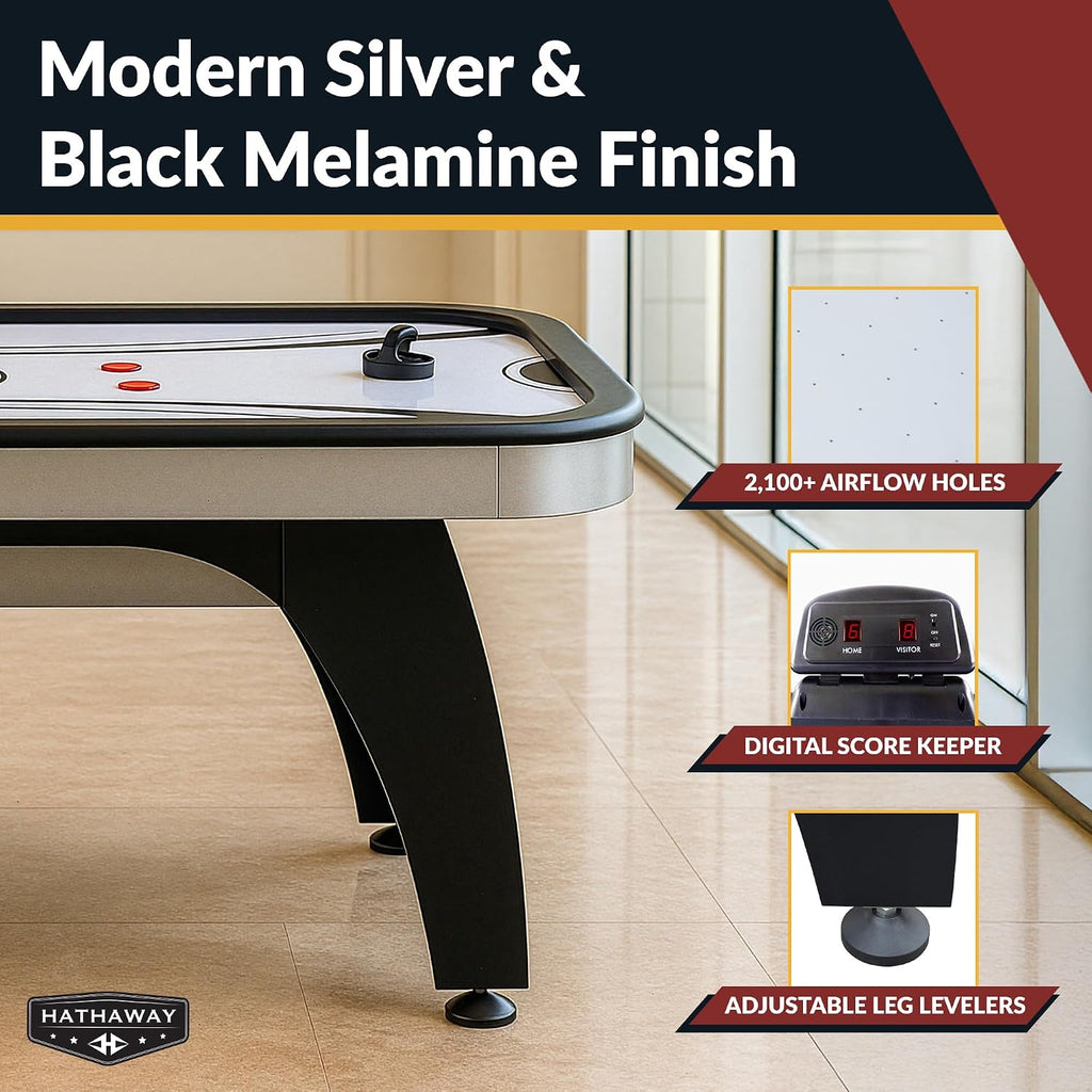 Hathaway Silverstreak 6 Ft Air Hockey Table for Home Game Room - With LED Scoring, High-Output Blower, Scratch-Resistant Surface, Strikers & Pucks - Black Finish