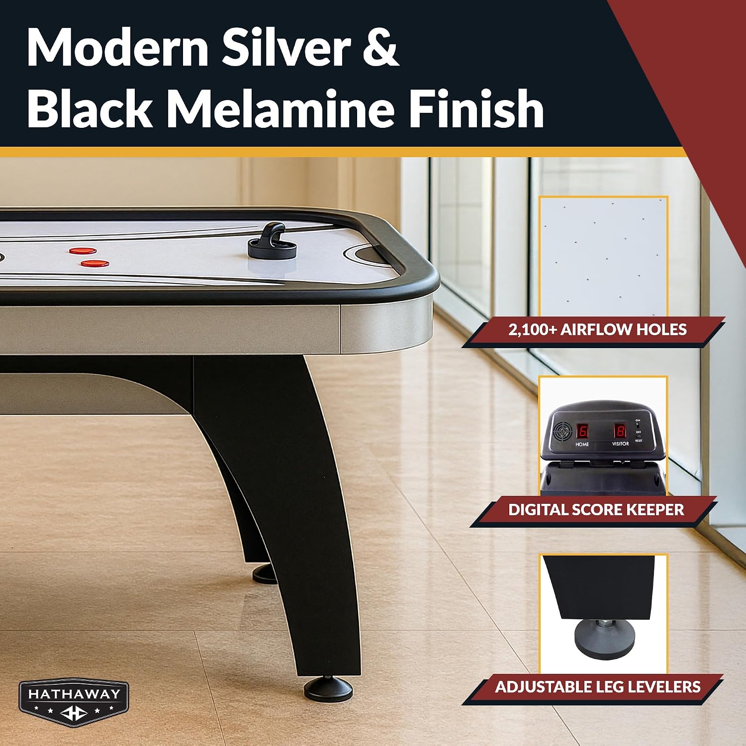 Hathaway Silverstreak 6 Ft Air Hockey Table for Home Game Room - With LED Scoring, High-Output Blower, Scratch-Resistant Surface, Strikers & Pucks - Black Finish