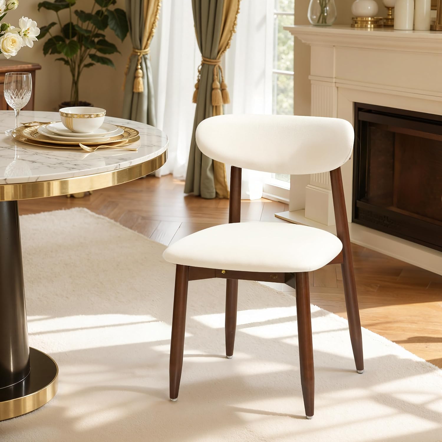 CHUN YI Dining Chairs Set of 6, Upholstered Solid Wood Dining Room Chairs, Mid Century Modern Fabric Kitchen Side Chairs with Ergonomic Curved Back, Beige