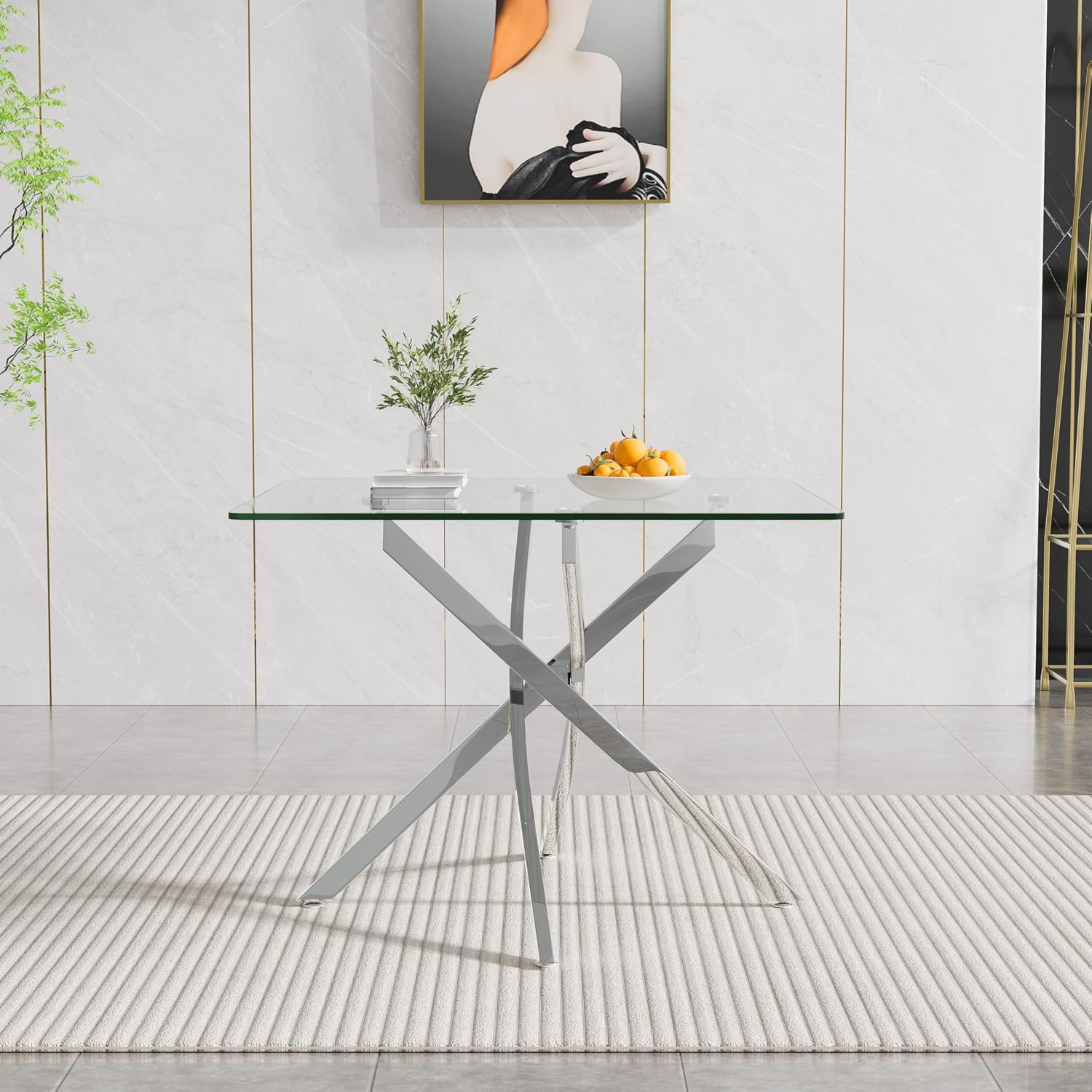 36' Square Dining Table for 4, Modern Clear Glass Kitchen Table for 4 with Silver X Metal Legs, Contemporary Small Glass Dining Room Leisure Tables for Kitchen Apartment