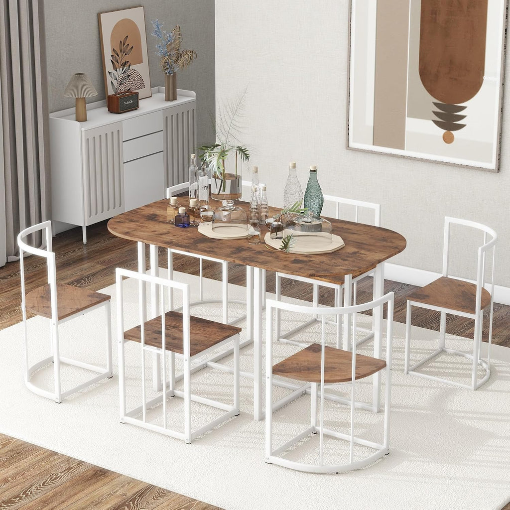 7 Piece Dining Table Set, Metal Kitchen Dining Table Set with Chairs for 6 Persons for Small Space, White Cherry