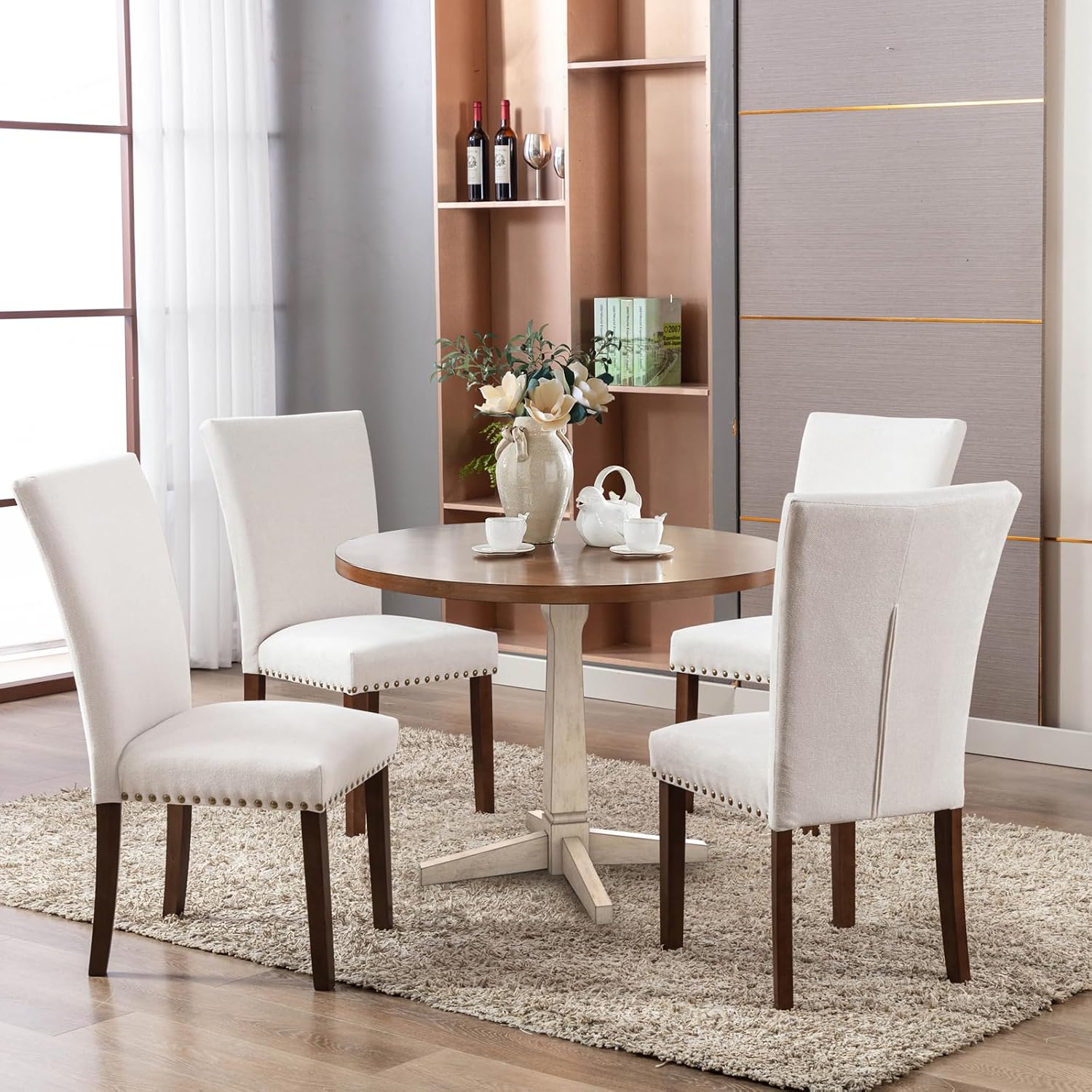 COLAMY Upholstered Dining Chairs Set of 2, Parsons Style Side Chairs with Nailhead Trim and Solid Wood Legs, Comfortable Linen Fabric for Kitchen & Dining Room – Beige