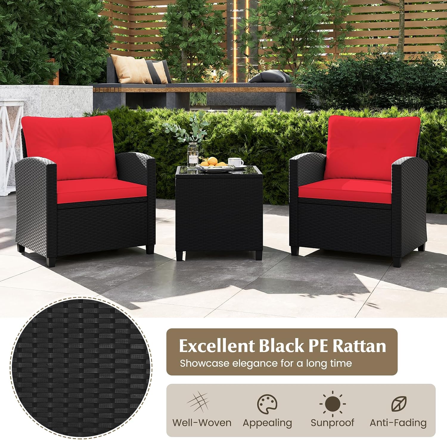 Tangkula 3 Pieces Patio Furniture Set, Rattan Conversation Set w/Soft Seat & Back Cushions, Tempered Glass Topped Coffee Table, Cushioned Wicker Seating for Backyard, Porch, Poolside (Red)