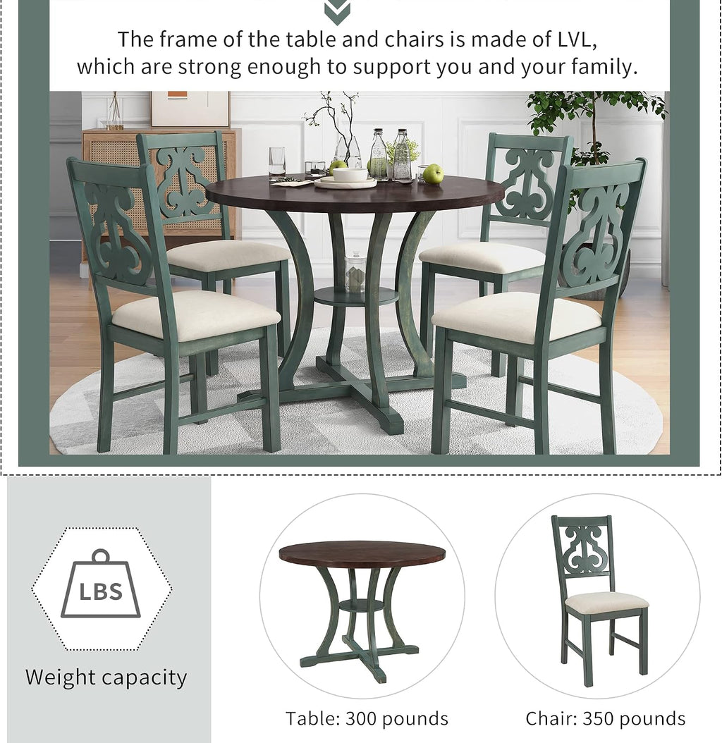 Harper & Bright Designs Retro Style Round Kitchen Dining Table Set for 4, 5 Piece Round Dining Table and 4 Fabric Chairs with Special-Shaped Table Legs and Storage Shelf, Antique Blue/Dark Brown