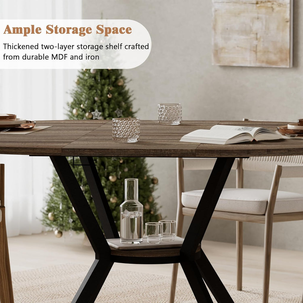 42'-58' Extendable Round Dining Table for 4-6, Kitchen Oval Table with Hidden Leaves & Storage Shelf, Space Saving Modern Design with Sturdy Metal Legs for Kitchen, Dining Room & Small Apartments