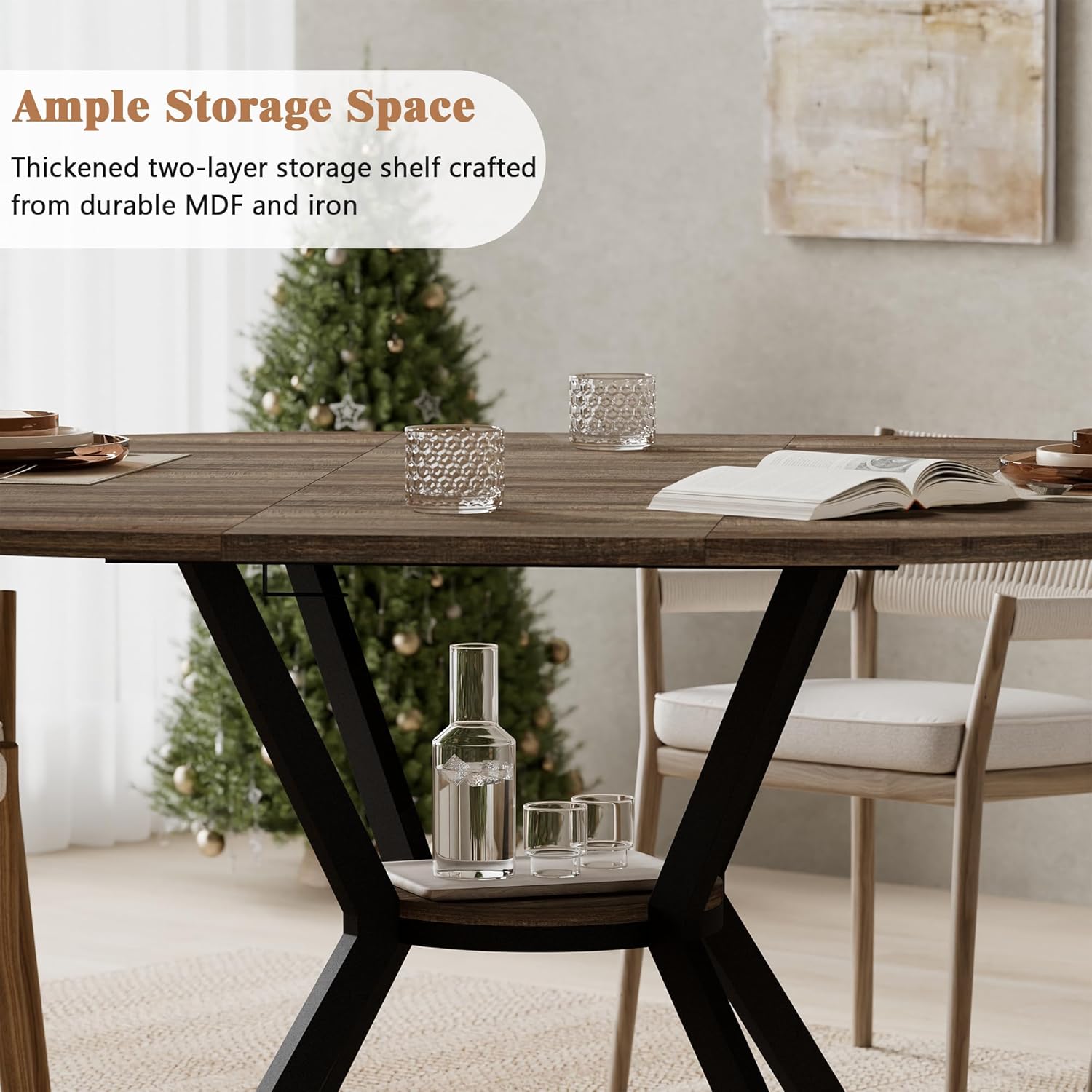 42'-58' Extendable Round Dining Table for 4-6, Kitchen Oval Table with Hidden Leaves & Storage Shelf, Space Saving Modern Design with Sturdy Metal Legs for Kitchen, Dining Room & Small Apartments