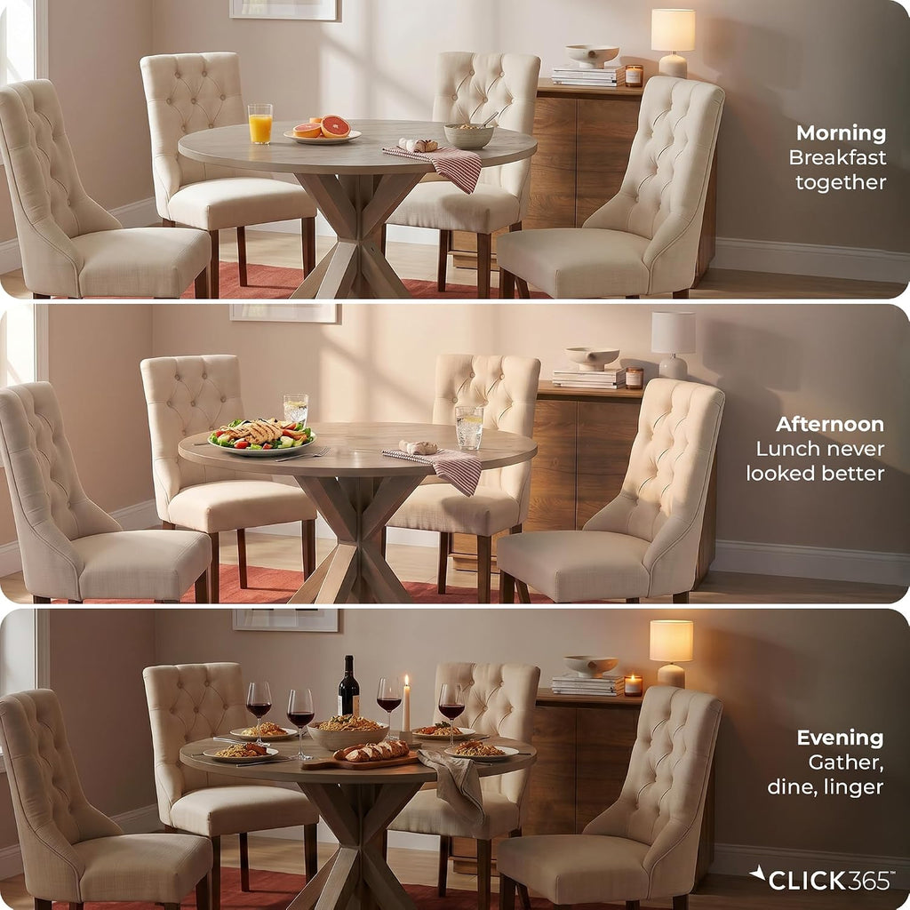 Alfred 46.5 Inch Round Dining Table for 4, Solid Wood Farmhouse Kitchen Table with Distressed Beige Finish and Pedestal Trestle Base