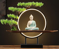 Houlu Green Buddha Statue with Green Artificial Tree and LED Circle Table Lamp, Indoor Ceramic Buddha Statues for Home Decor, 16.5 in