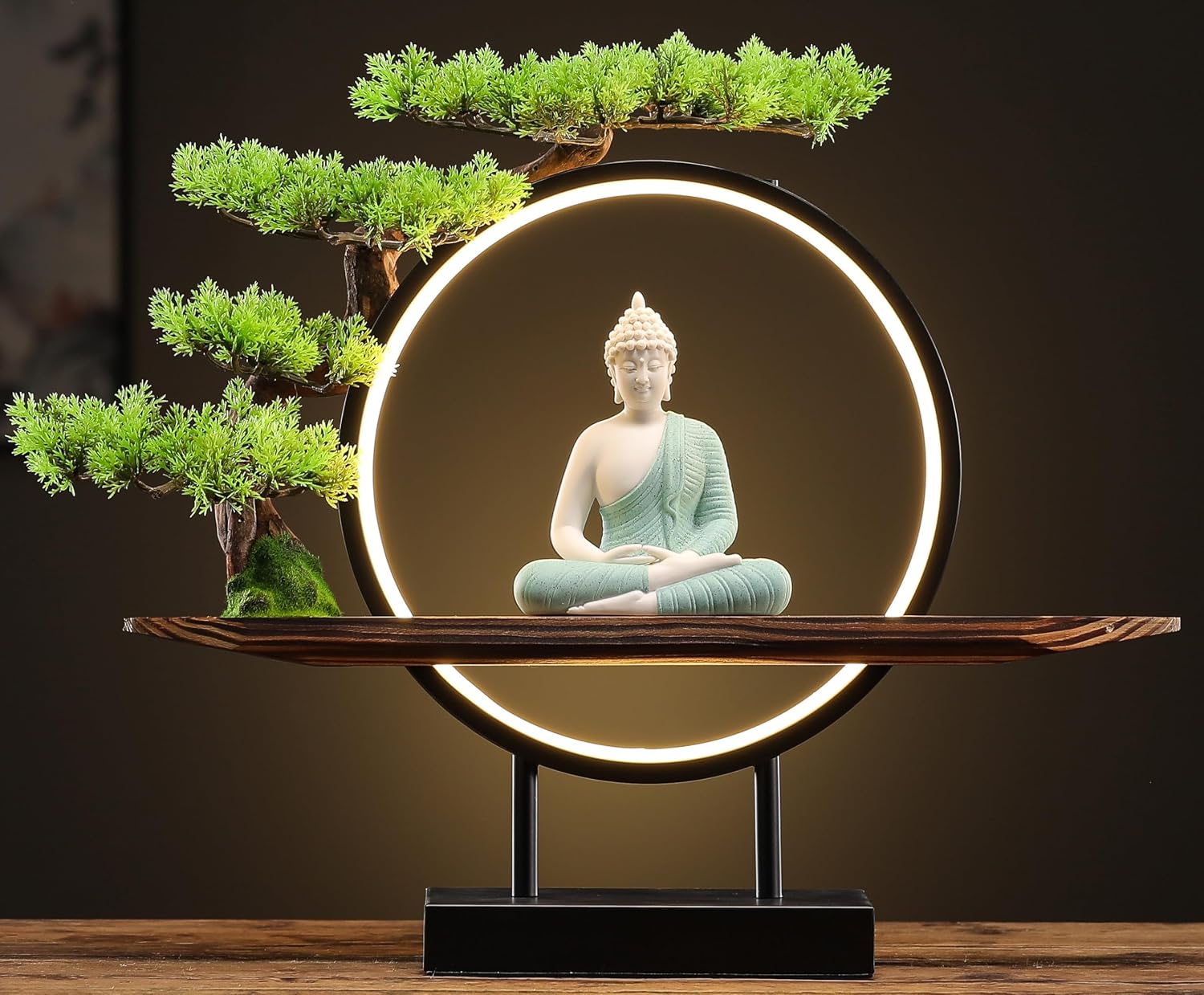 Houlu Green Buddha Statue with Green Artificial Tree and LED Circle Table Lamp, Indoor Ceramic Buddha Statues for Home Decor, 16.5 in