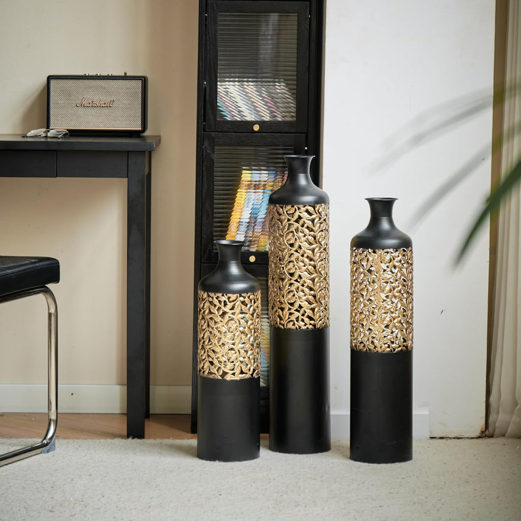 Metal Floor Vase Set -Large Glazed Metal Vases for Living Room, Entryway & Office Decor,20.8in/24.8in/28.7in Rustproof Tall Standing Home Décor (Black+Gold Branches)