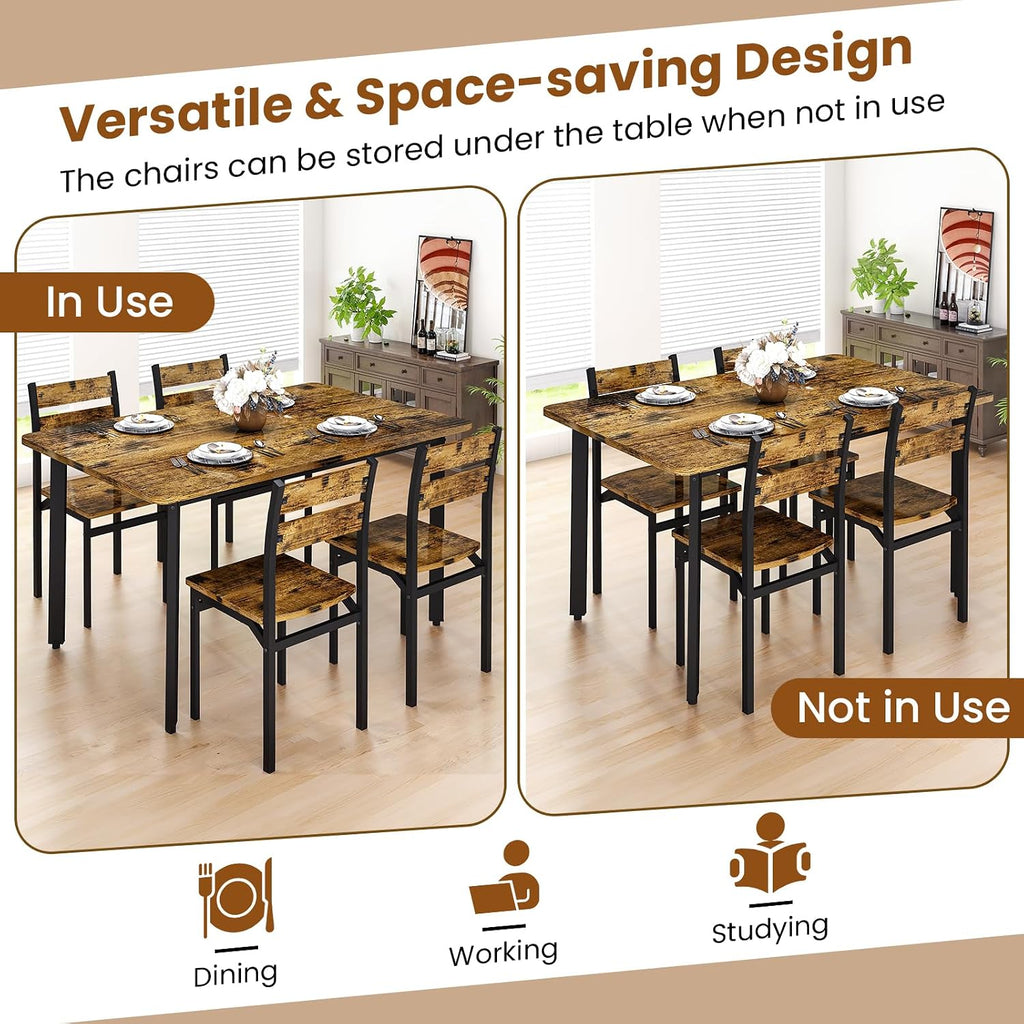 Recaceik Dining Table Set for 4 Wood Kitchen Table Chairs Set, 43 '' Farmhouse 5 Piece Dining Room Table Set, Space-Saving Dinette Set for Breakfast Nook, Apartment
