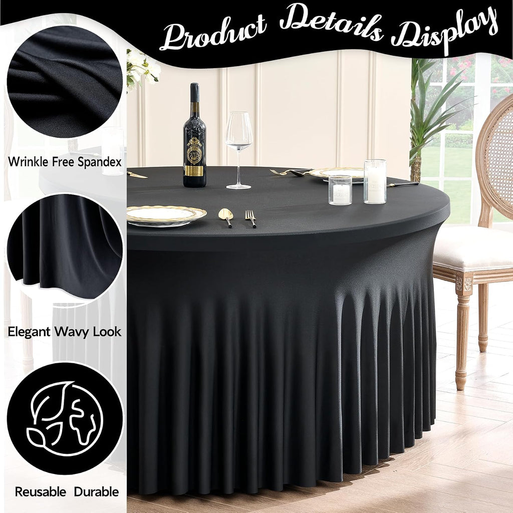 Outpain 8 Pack Black Round Spandex Tablecloth for 60 Inch/5FT Tables - Stretchy Table Cloth with Skirt, Wrinkle-Free Fitted Cloth for Wedding Vendor, Banquet & Graduation Decor (120' Round)