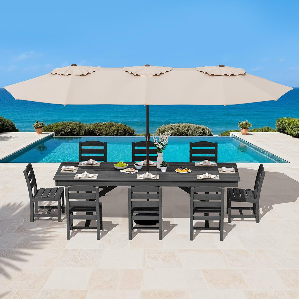 SERWALL 9 Piece Outdoor Dining Set, 84' HDPE Outdoor Table and Armless Chairs Set for 8，All Weather Patio Furniture Set with Umbrella Hole for Backyard, Garden, Black