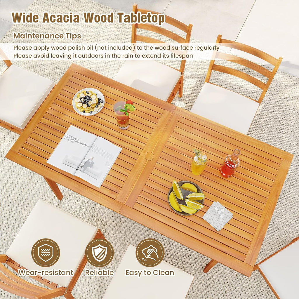 HAPPYGRILL Acacia Wood Outdoor Dining Table with Umbrella Hole & Cover, for 4-6 People, 63' Large Farmhouse Dinette Furniture for Backyard Patio Deck Porch