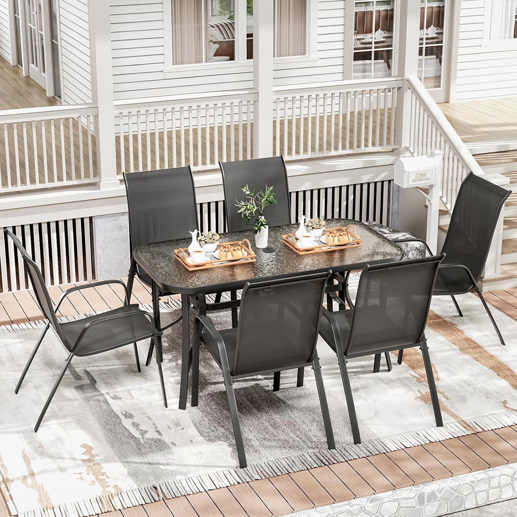 TLSUNNY 7 Pieces Patio Dining Set, Outdoor Table and Chairs W/1.69″ Umbrella Hole, 30'X 55' Table and Stackable Textilene Chair, All Weather Patio Furniture Set (Umbrella not Included) (Black)