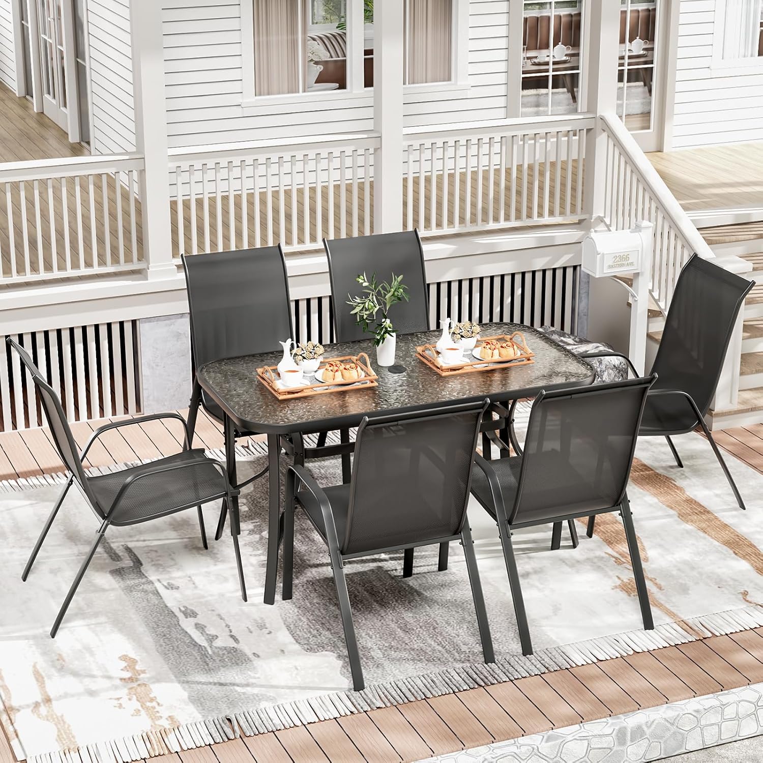 TLSUNNY 7 Pieces Patio Dining Set, Outdoor Table and Chairs W/1.69″ Umbrella Hole, 30'X 55' Table and Stackable Textilene Chair, All Weather Patio Furniture Set (Umbrella not Included) (Black)