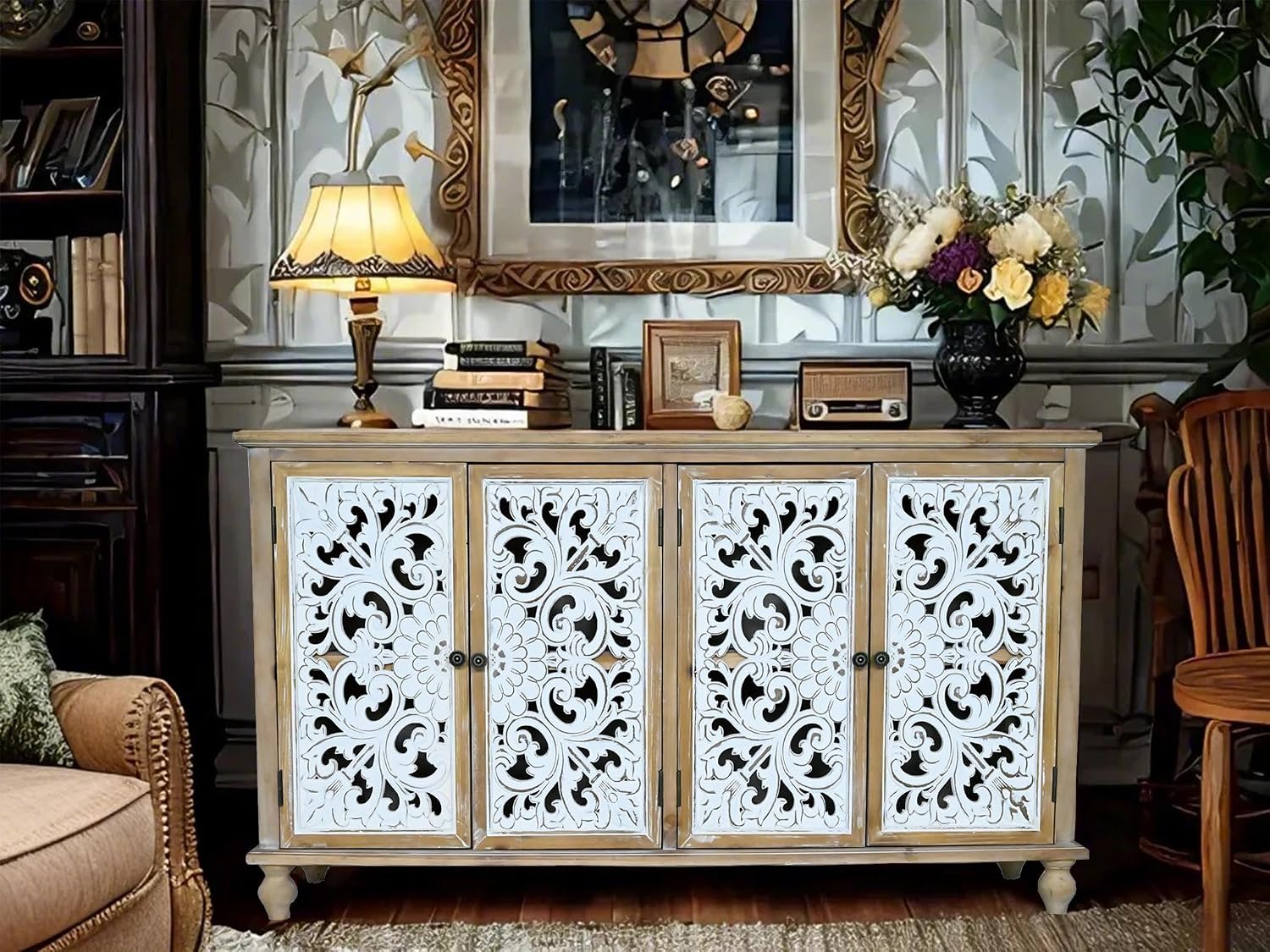 LKTART 60' Vintage Sideboard Buffet Cabinet,French Country Sideboard,Farmhouse Hollow Carved Credenza Accent Cabinet for Living Room, Dining Room, Natural Wood