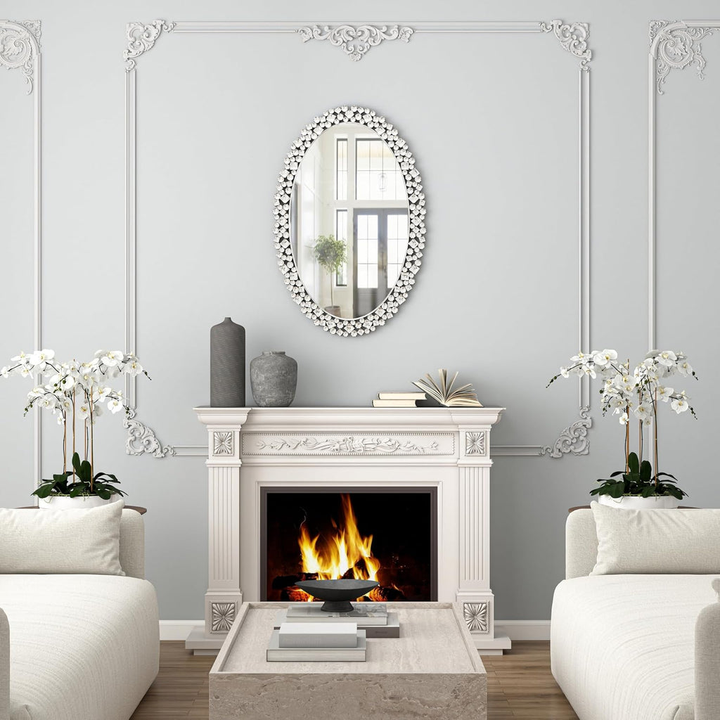 SHYFOY Oval Wall Mirrors Decorative, 23.6x35.4 Ornate Accent Mirror Crystal Frameless Mirror Jeweled Mirrors for Living Room Bedroom Entryway Wall Decor