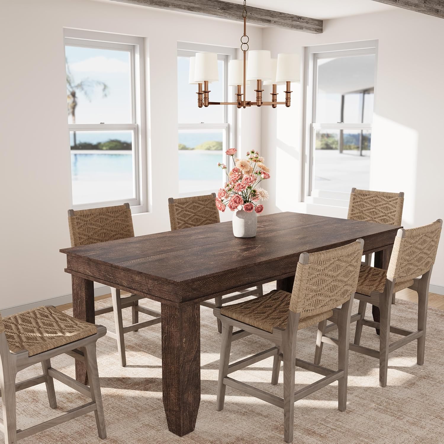 GarveeHome Farmhouse Dining Table for 6-8 People, 71 in Long Kitchen Tables with Wooden Sturdy Frame, 6 ft Large Rectangular Dinner Table for Dining Room, Kitchen, Dark Walnut, 71' Non-extendable