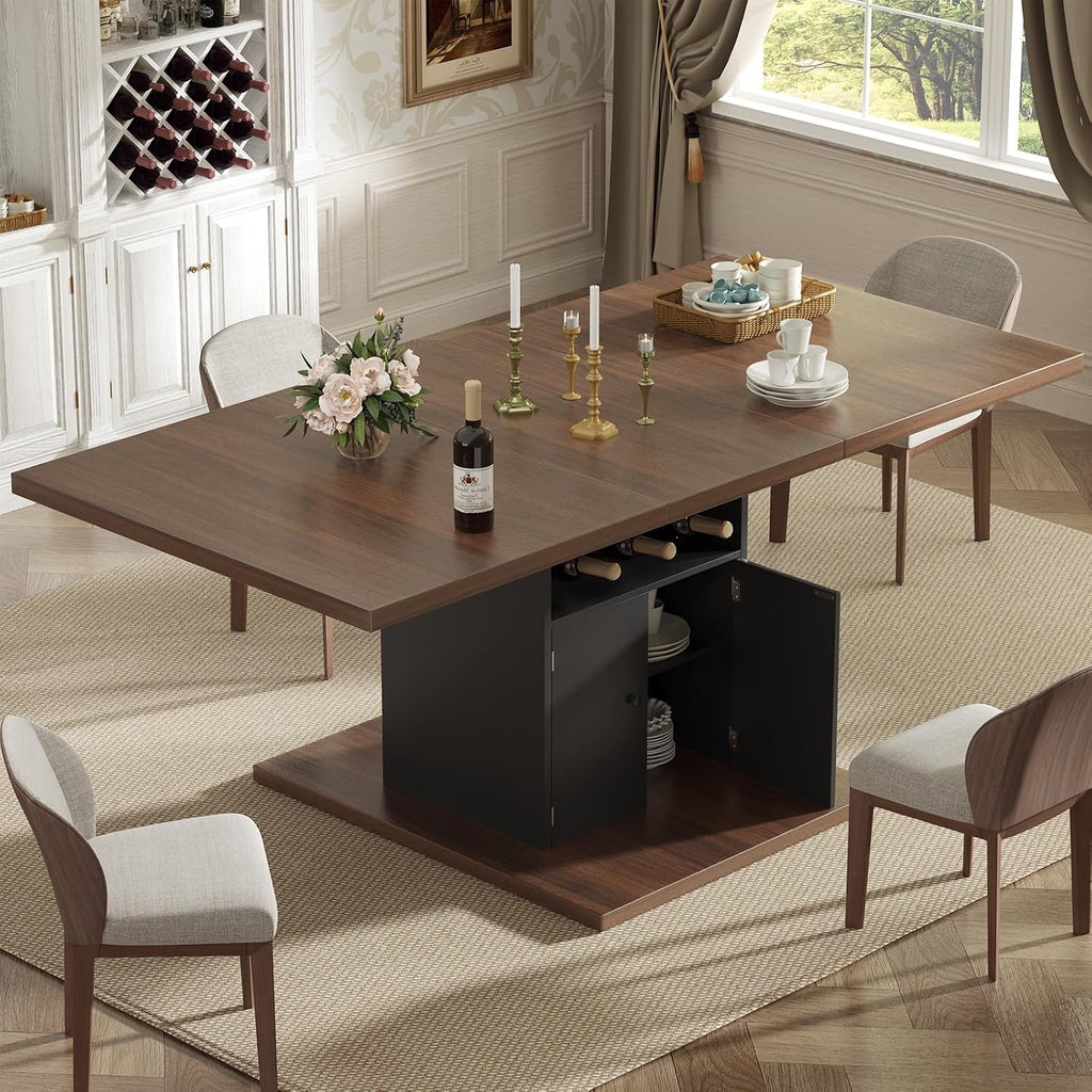 Extendable Dining Room Table for 4-6, 47-63 Inch Rectangle Kitchen Dining Table with Storage, Expandable Modern Rectangular Dinner Table for Kitchen, Dining Room, Black & Walnut