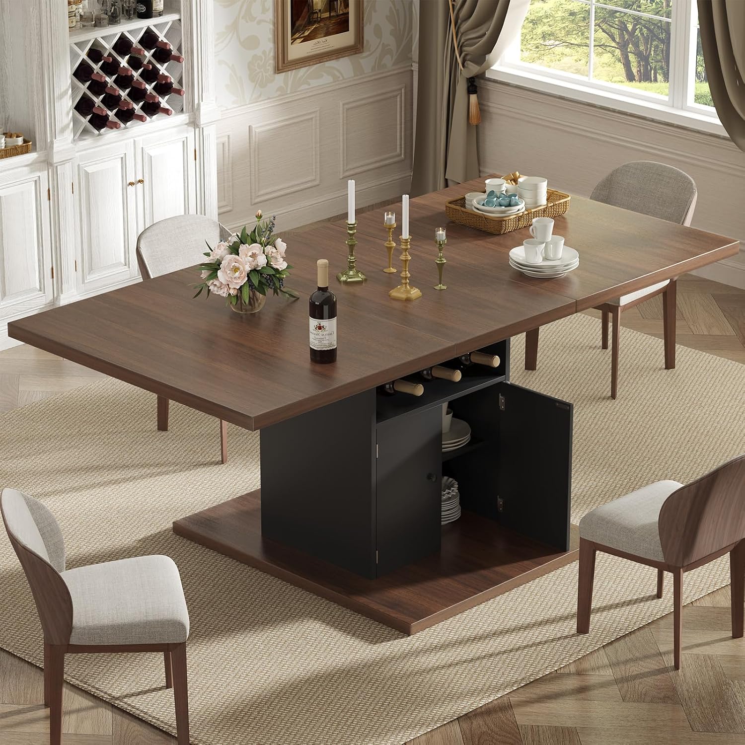 Extendable Dining Room Table for 4-6, 47-63 Inch Rectangle Kitchen Dining Table with Storage, Expandable Modern Rectangular Dinner Table for Kitchen, Dining Room, Black & Walnut