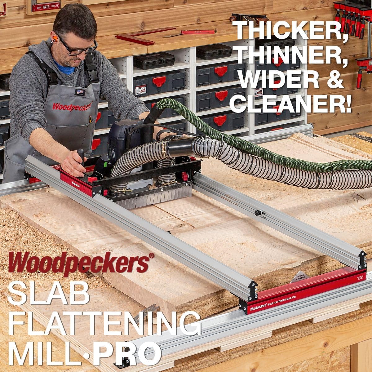Woodpeckers Slab Flattening Mill Pro, Basic, 48'x58' Capacity, USA Made Wood Slab Leveling Jig, Integrated Dust Collection, Router Sled, Rails, Clamping Dogs