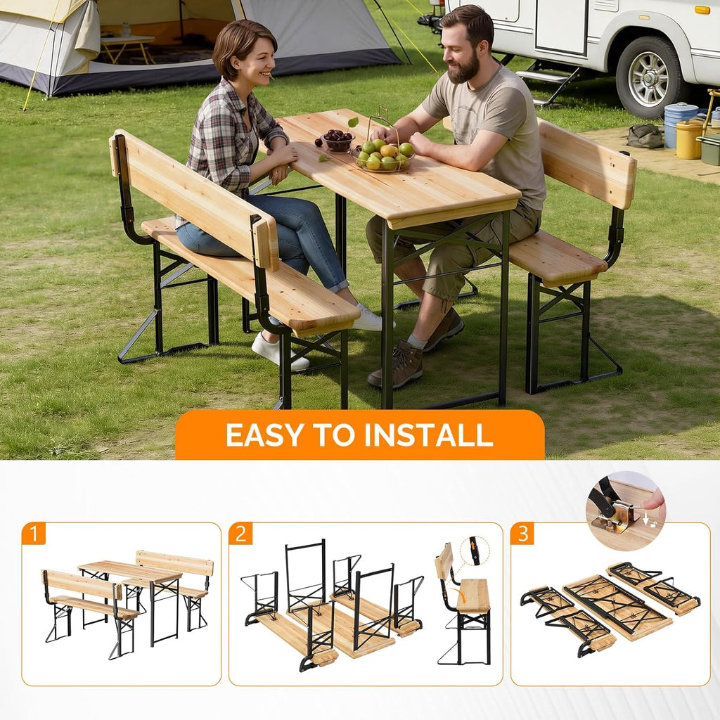 VINGLI 45 Inch Folding Picnic Tables and Chair Set with Backrest Bench, Weather-Resistant Wooden Beer Garden Table Bench, 3-Piece Portable Fold Up Camping BBQ Table,Natural Wood Color