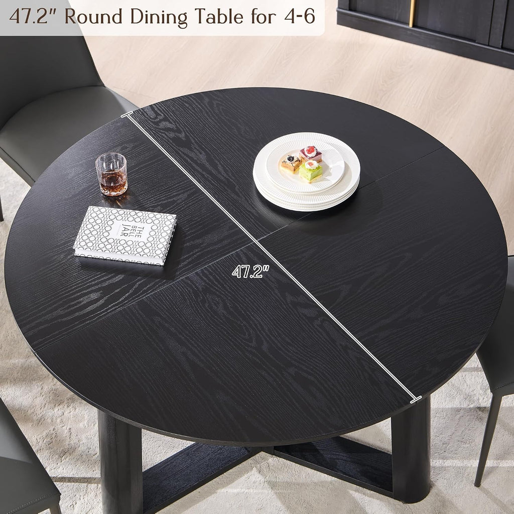 OKD 47' Dining Table for 4-6, Round Dining Room Table with Triangular Structure Pedestal Stable Base, Curved Table Edge, Circle Kitchen Tables for Dining Room, Kitchen, Black Oak