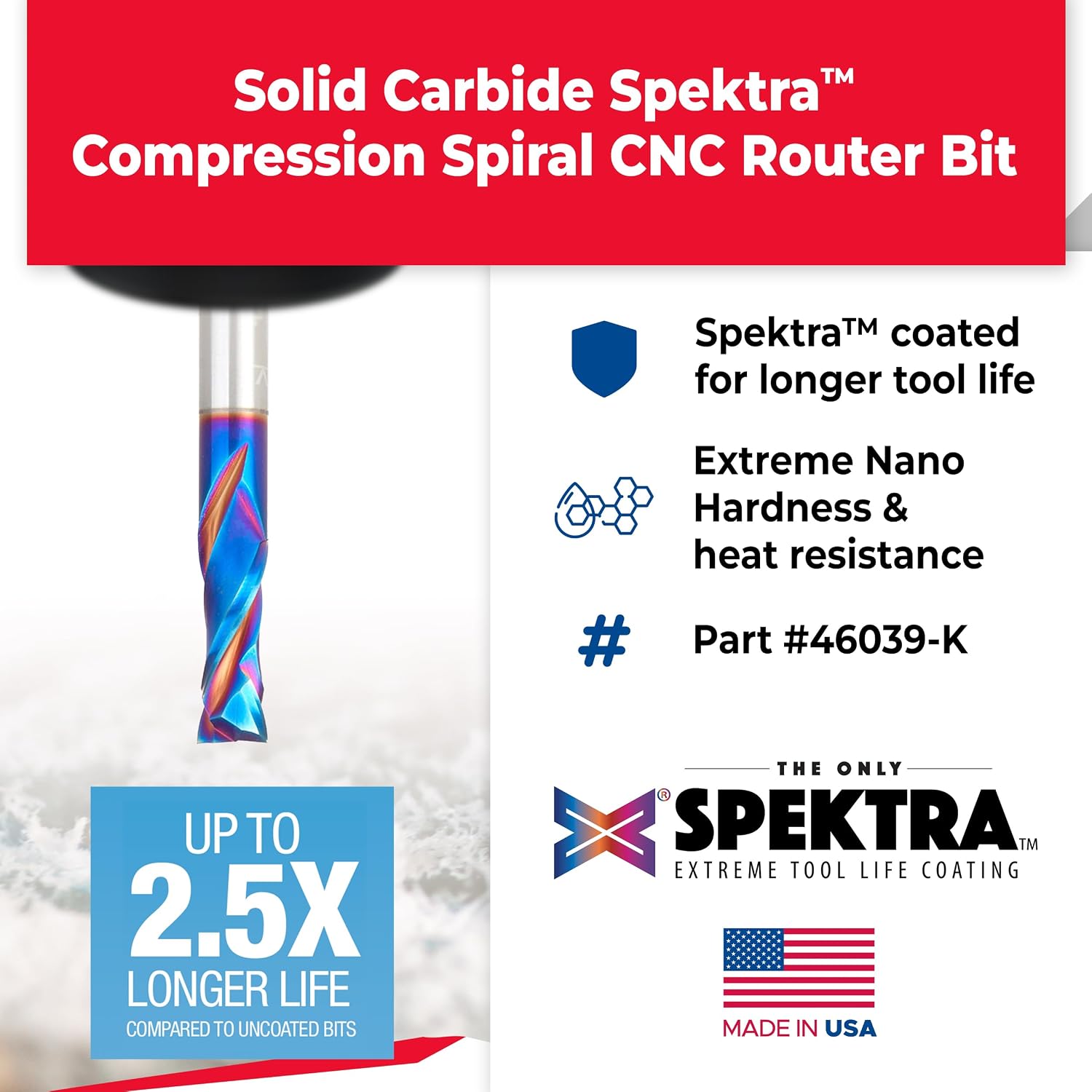 Amana Tool Spektra Extreme Tool Life Solid Carbide CNC Compression Spiral Router Bit, 46039-K, 5/16 D x 7/8 CH x 5/16 Shank x 2-1/2 Inch Long 2 Flute