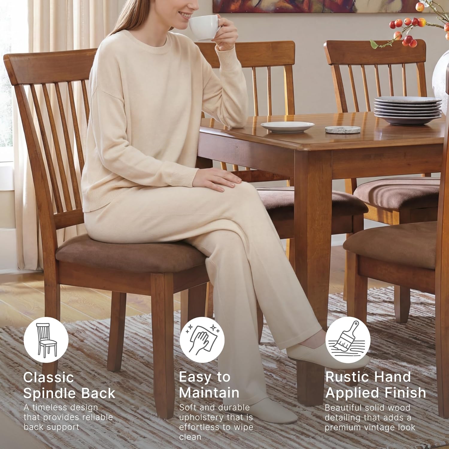 Signature Design by Ashley Berringer Dining Chairs Set of 2, Classic Wood Spindle-Back Design, Cushioned Microfiber Seat, Rustic Finish for Kitchen & Dining Room Chair, Walnut