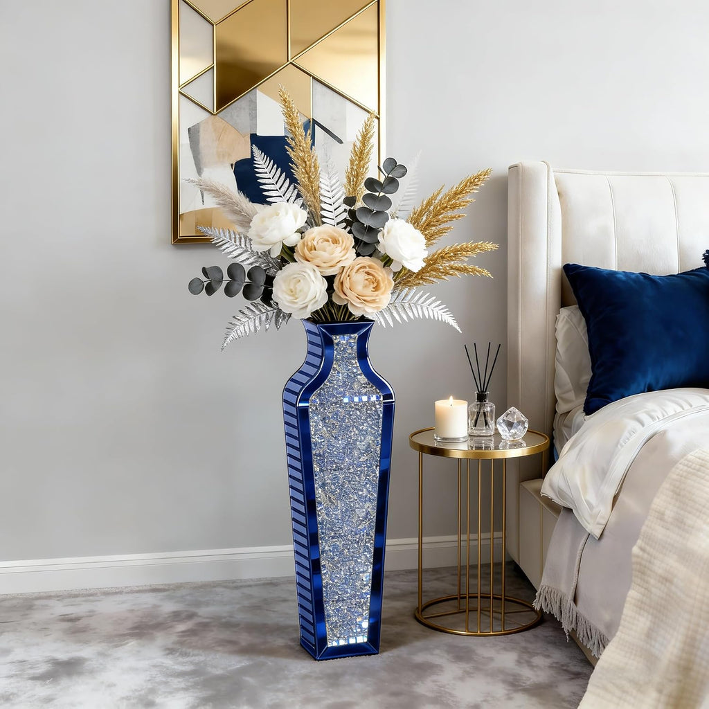 SHYFOY Blue Crushed Diamond Floor Vase, Large Mirrored Tall Vases for Floor, Modern Glass Decorative Vases for Living Room Bedroom Home Corner Indoor Office, 26.8' Tall