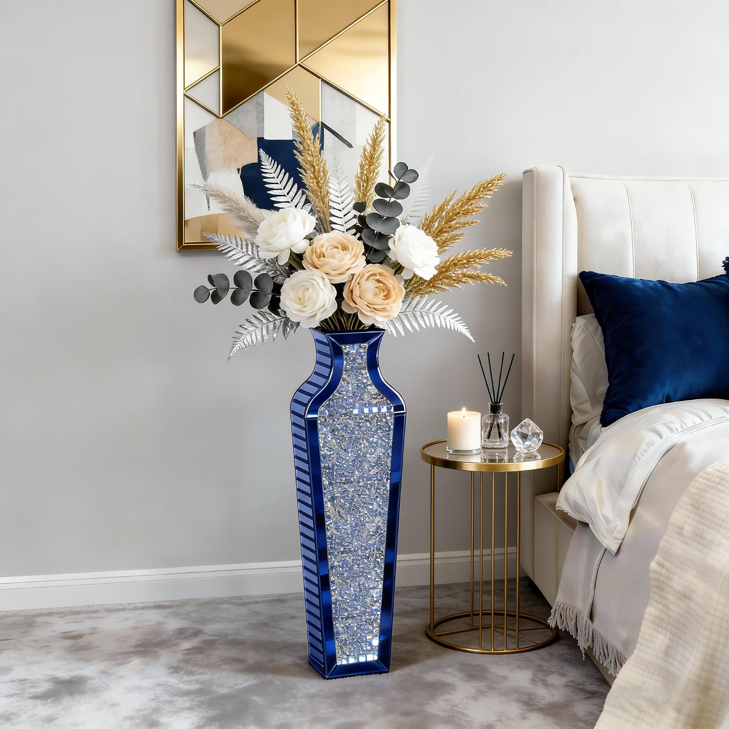 SHYFOY Blue Crushed Diamond Floor Vase, Large Mirrored Tall Vases for Floor, Modern Glass Decorative Vases for Living Room Bedroom Home Corner Indoor Office, 26.8' Tall