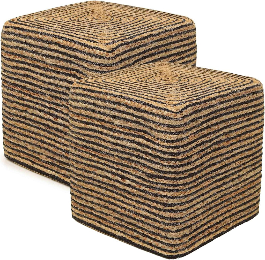 REDEARTH · Cube Pouf Foot Stool Ottoman - Jute Braided Pouffe Poof Accent Sitting Footrest for The Living Room, Bedroom, Nursery, Lounge 50% Jute 50% Cotton Set of 2 (14.5'X14.5'X16'; Natural Black)